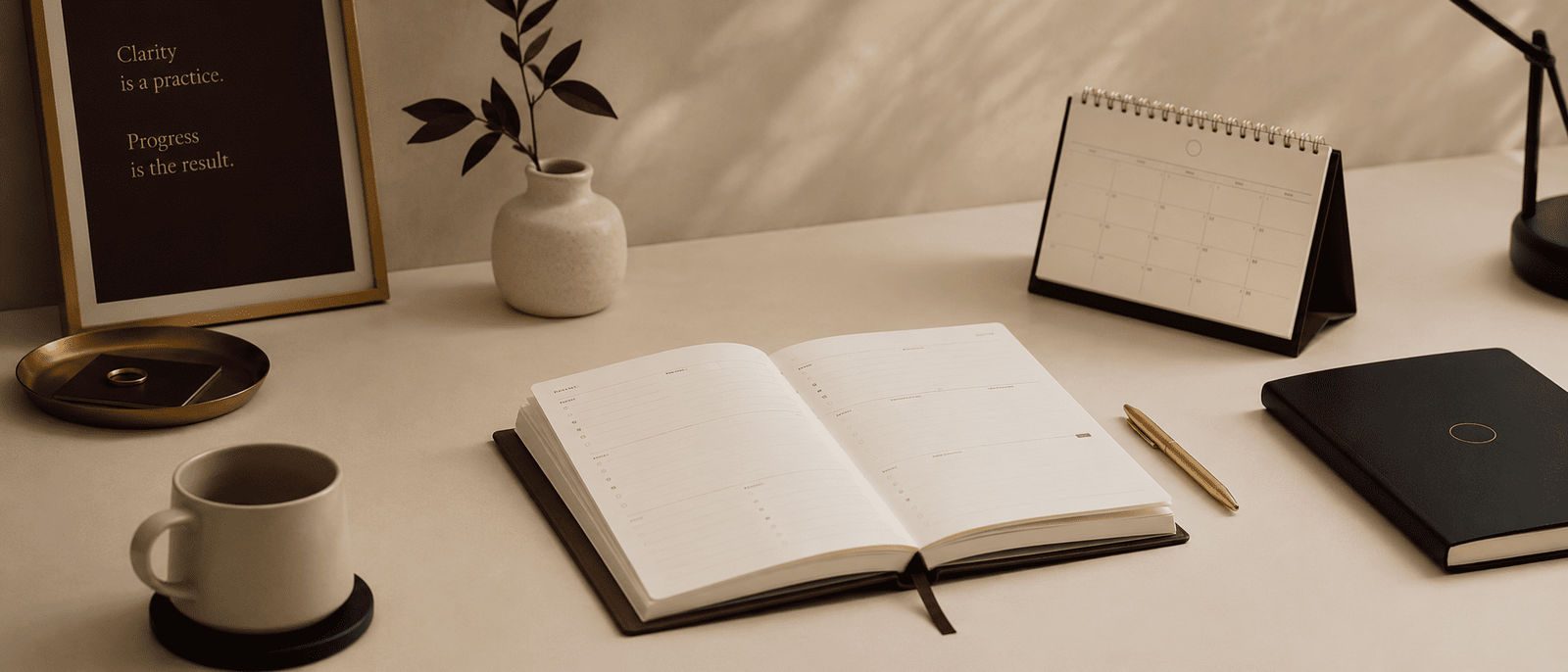 A calm planner workspace. A paper planner, pen, calendar, and notebook sit on a cream desk. The visual should honour the usefulness of planning without making it look like the...