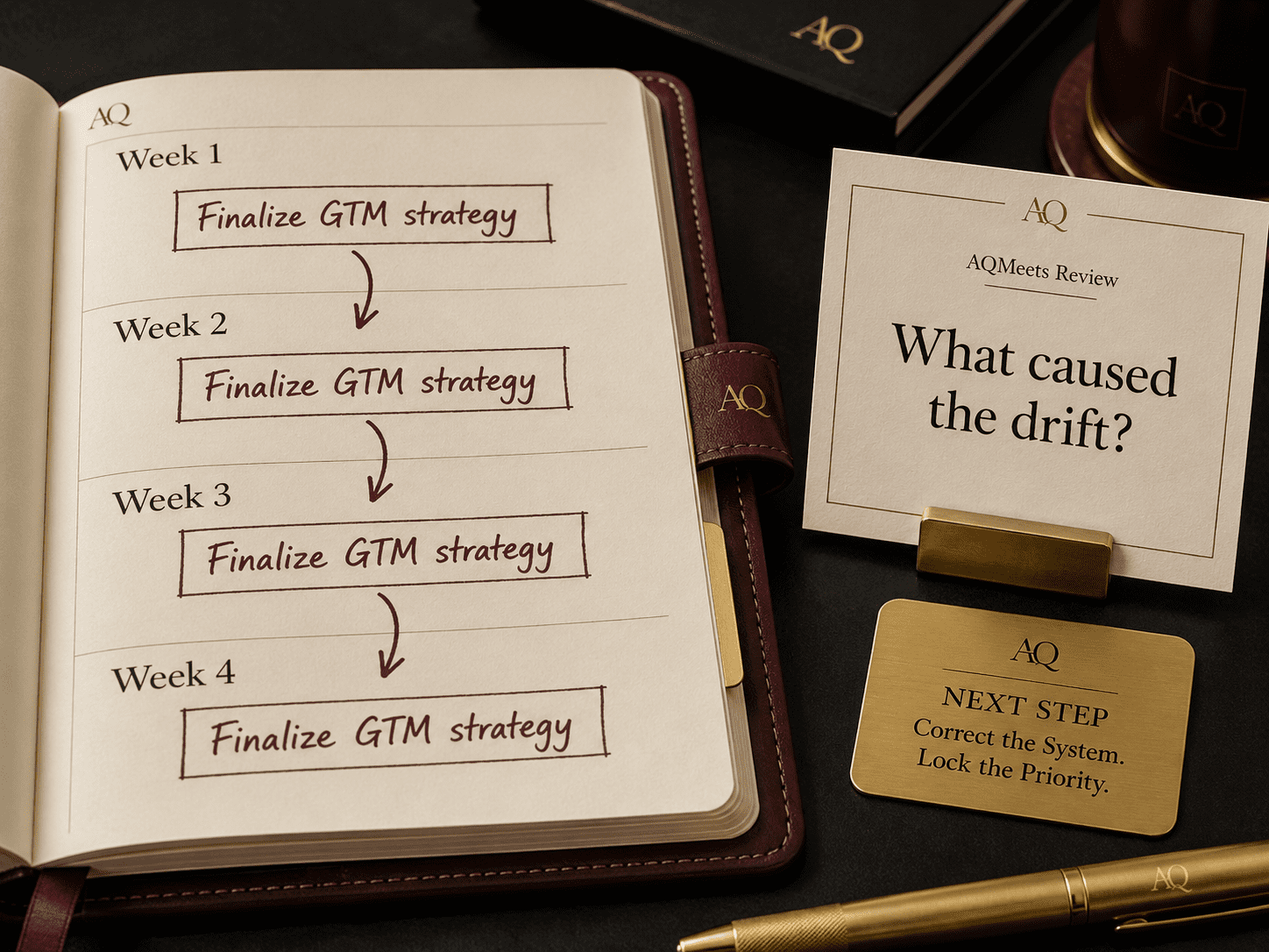 Close-up of a planner showing one priority carried from Week 1 to Week 2 to Week 3 to Week 4. The same phrase appears repeatedly. Beside it, an AQMeets review card asks: “What...