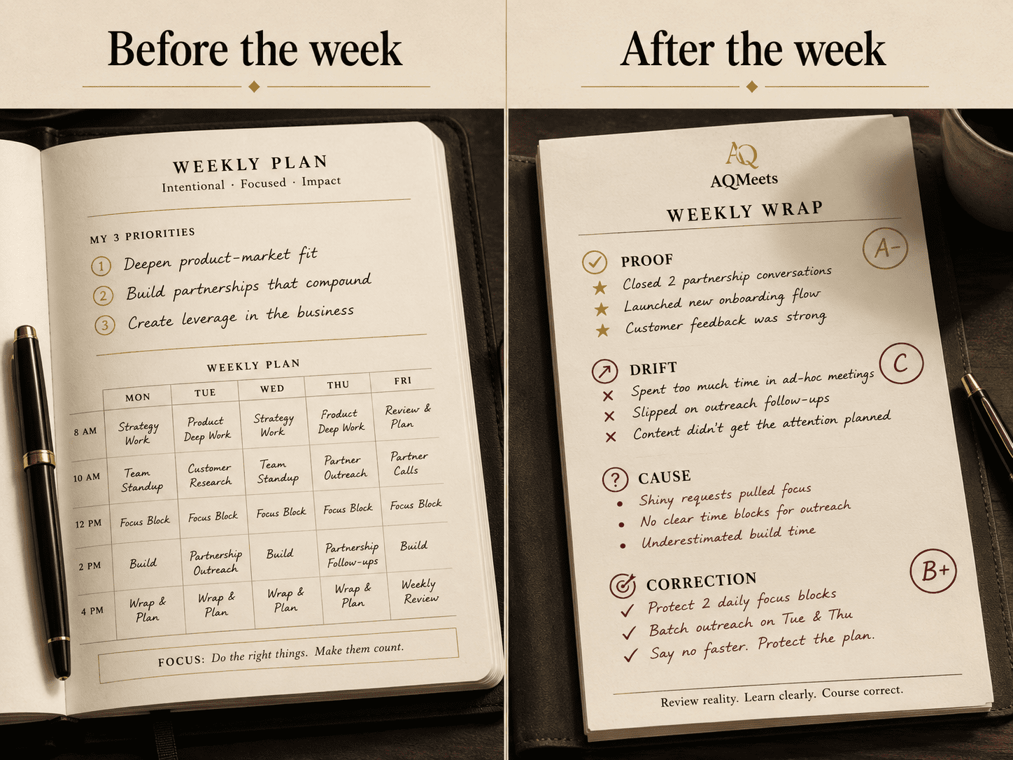 Two-panel comparison. Panel one: “Before the week” with a planner page showing intended priorities. Panel two: “After the week” with an AQMeets Weekly Wrap showing Proof,...