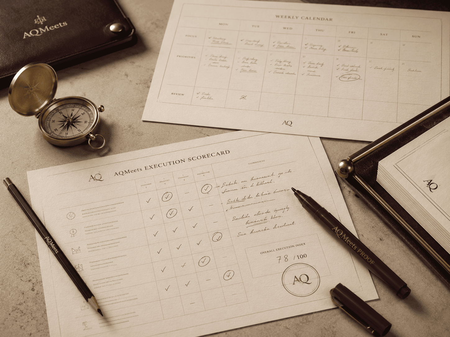 AQMeets Execution Scorecard diagnostic desk with calendar, compass, pencil, and proof marker