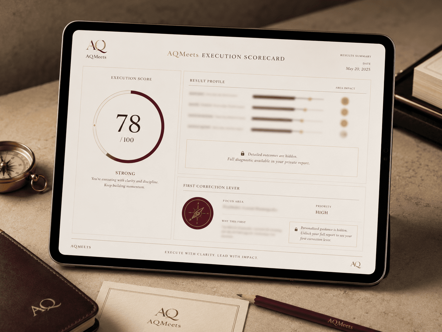 AQMeets Scorecard result profile mockup with execution score and correction lever