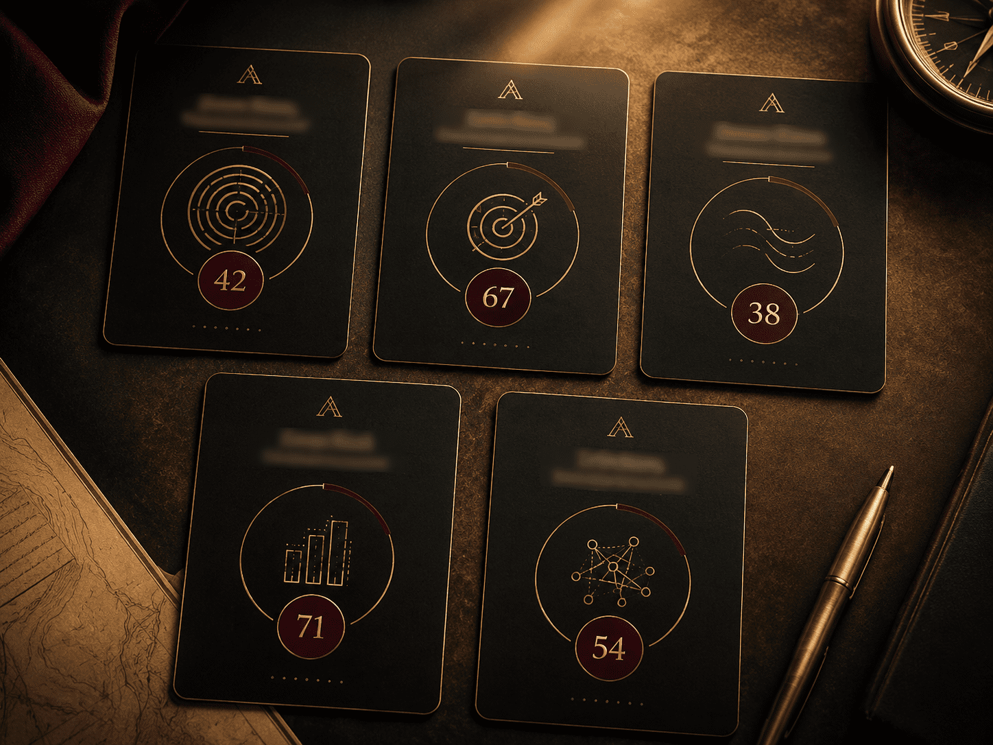 AQMeets diagnostic cards with gold linework and burgundy score markers