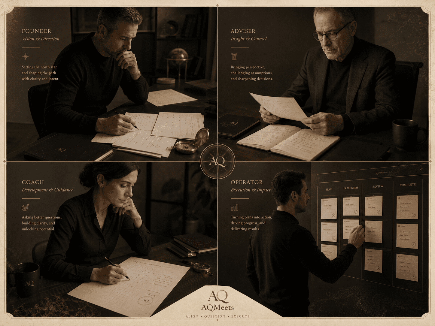 AQMeets serious builder role collage for founders, advisers, coaches, and operators