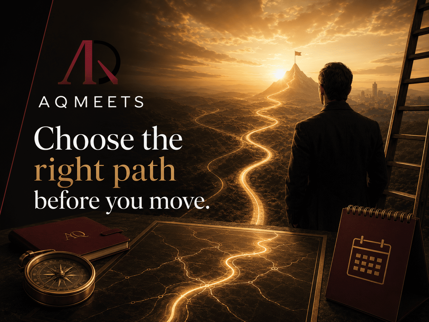 Serious builder choosing the right path before moving, with compass, route map, ladder, calendar motifs, gold light and burgundy AQMeets accents