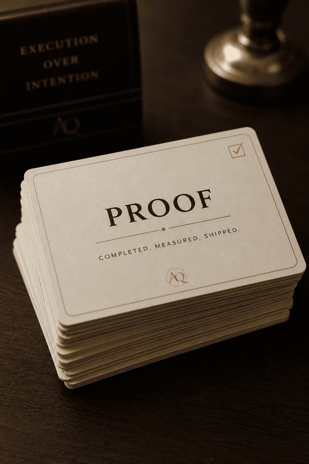 Small stack of completed proof cards on a premium desk