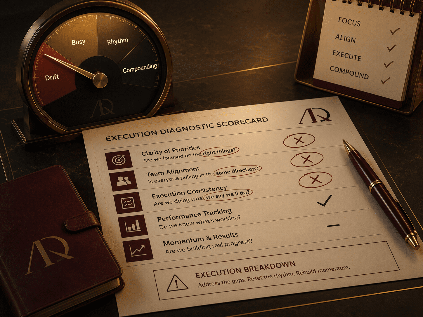 Diagnostic scorecard and gauge showing where execution is breaking down
