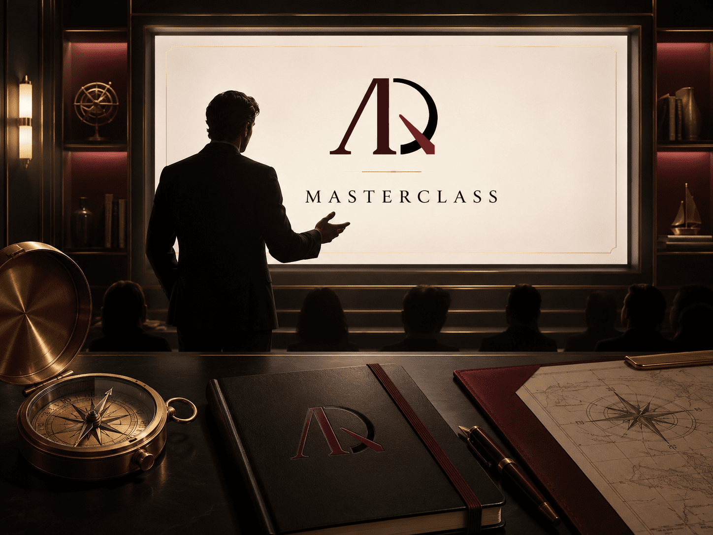 Masterclass screen with speaker silhouette, notebook and compass in a serious teaching setting