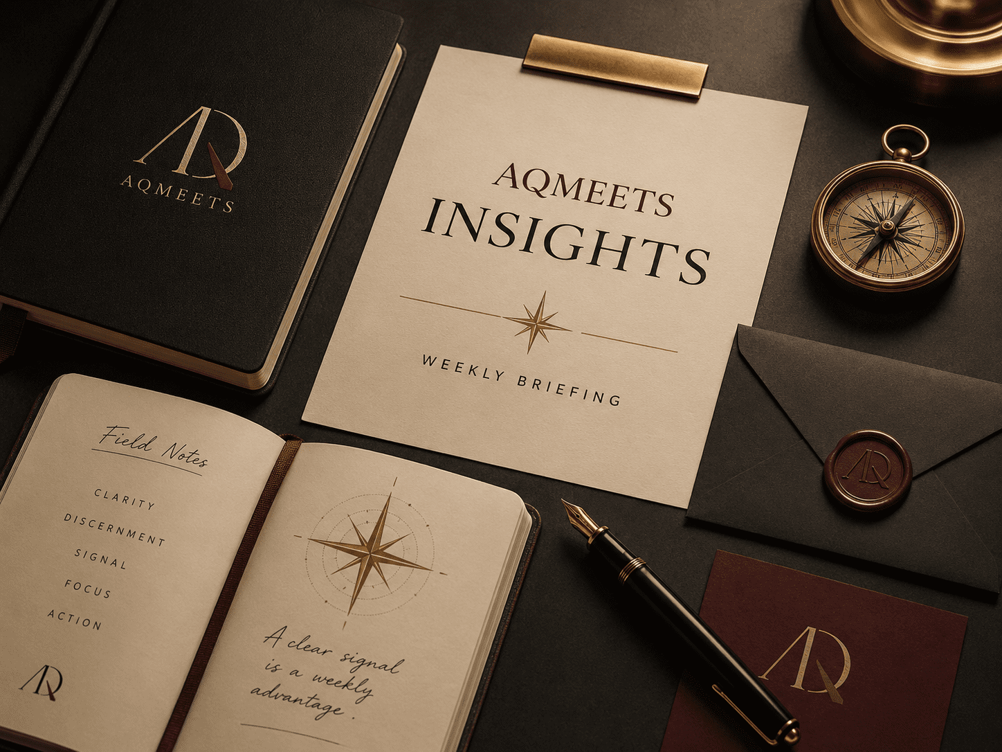 Premium weekly briefing with open journal, pen and signal motif