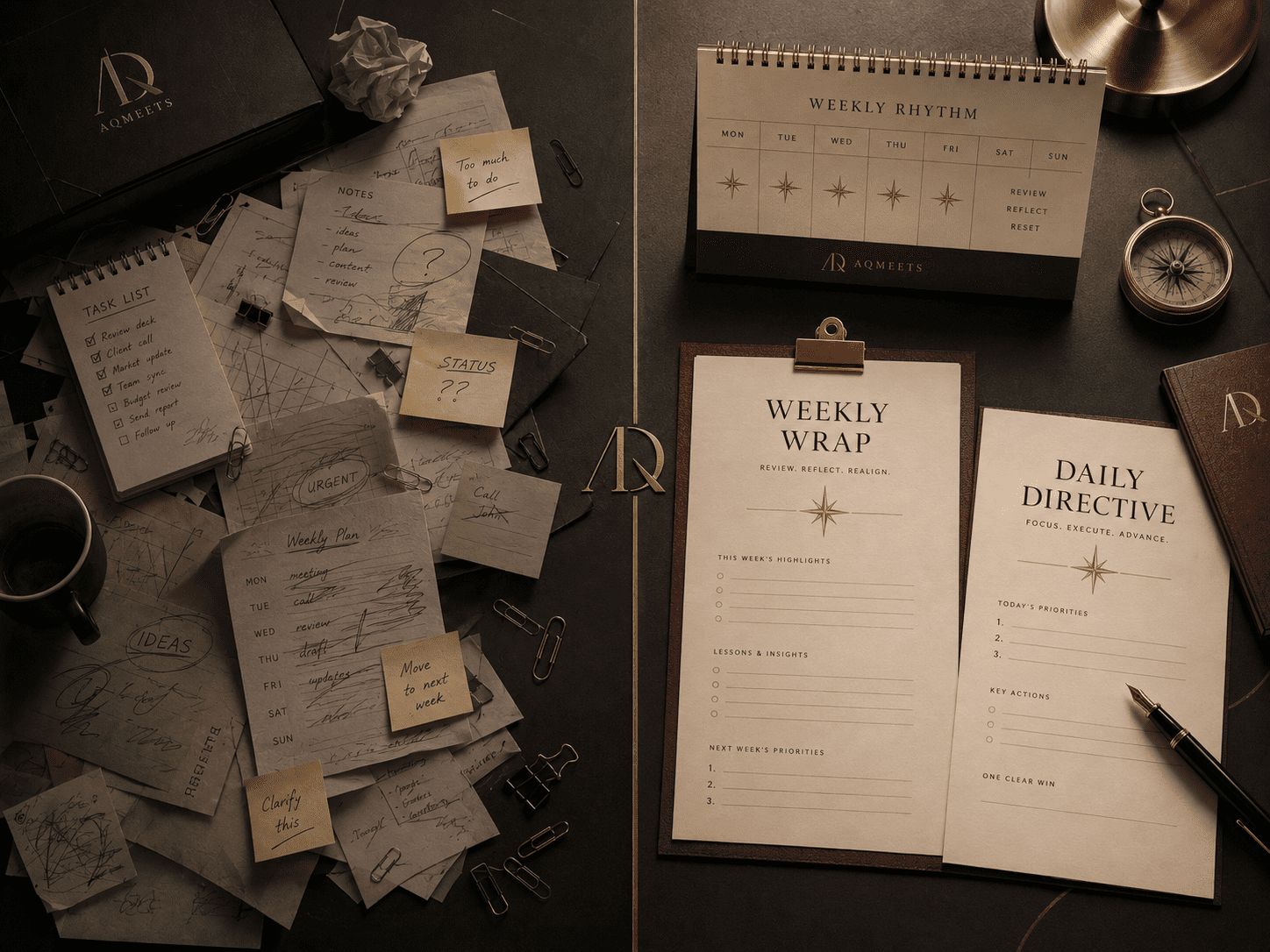 Desk split between scattered notes and unfinished tasks on one side and ordered weekly rhythm on the other