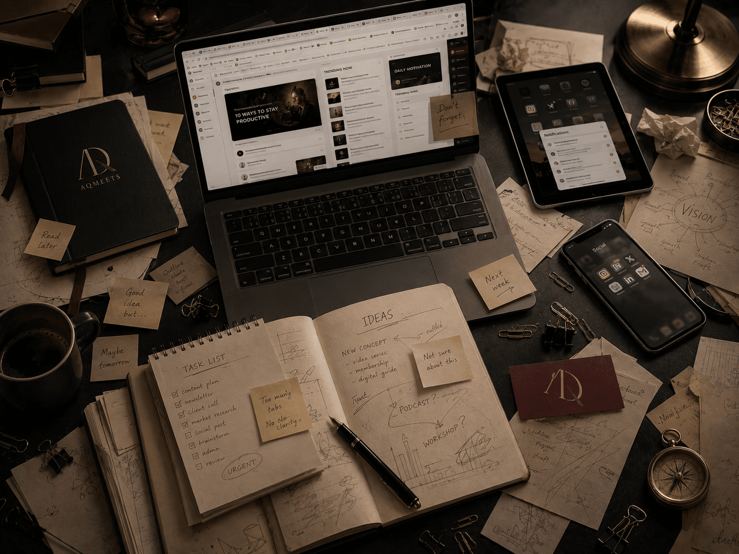 Overloaded desk with too many tabs, app icons, notes and half-finished ideas showing scattered effort