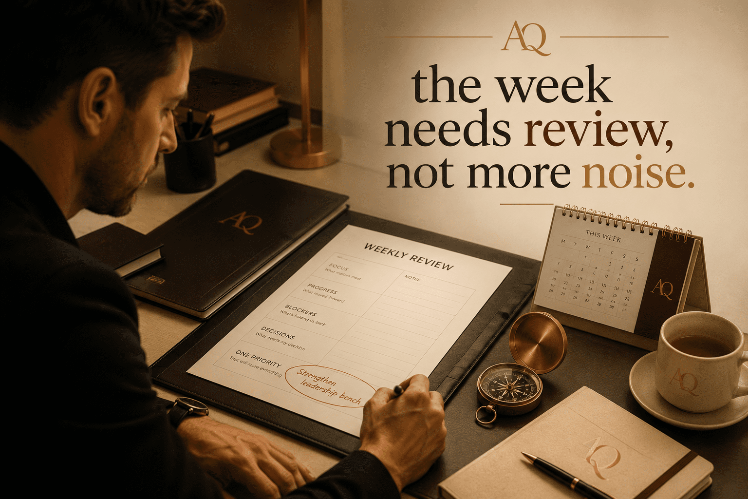 Founder reviewing the week with worksheet, calendar, compass and one marked priority