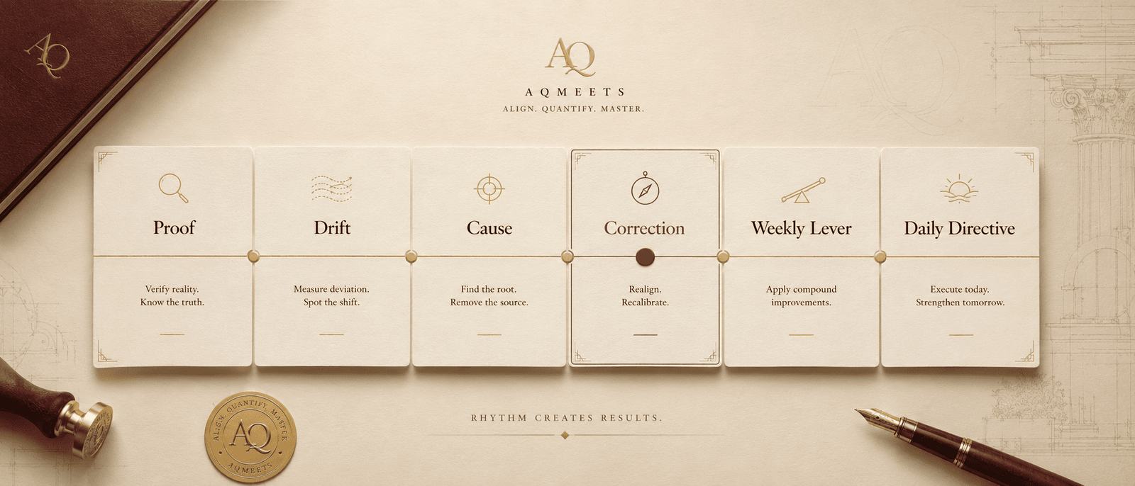Six AQMeets review cards: Proof, Drift, Cause, Correction, Weekly Lever and Daily Directive