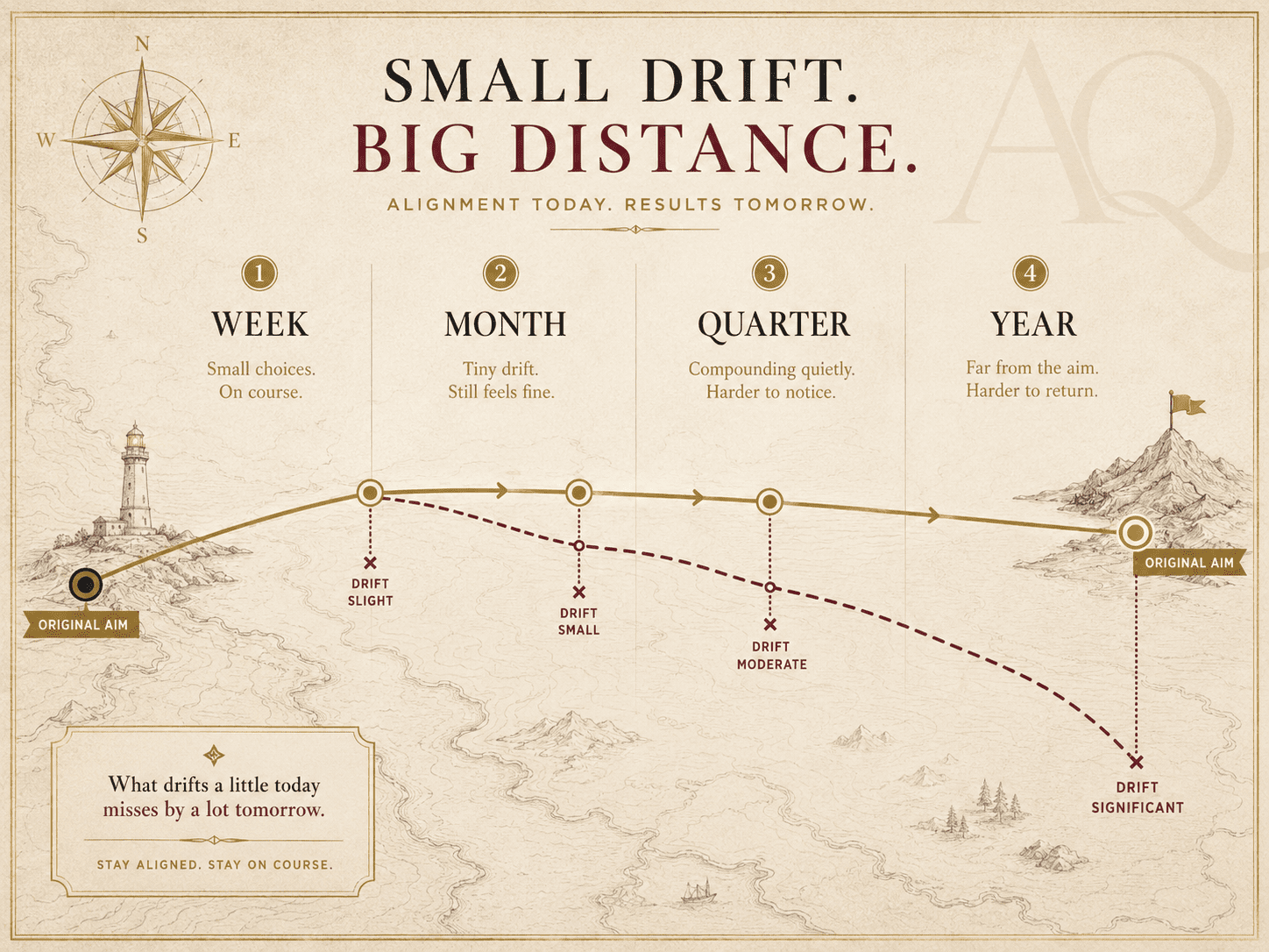 Week to month to quarter to year path gradually drifting from the original aim