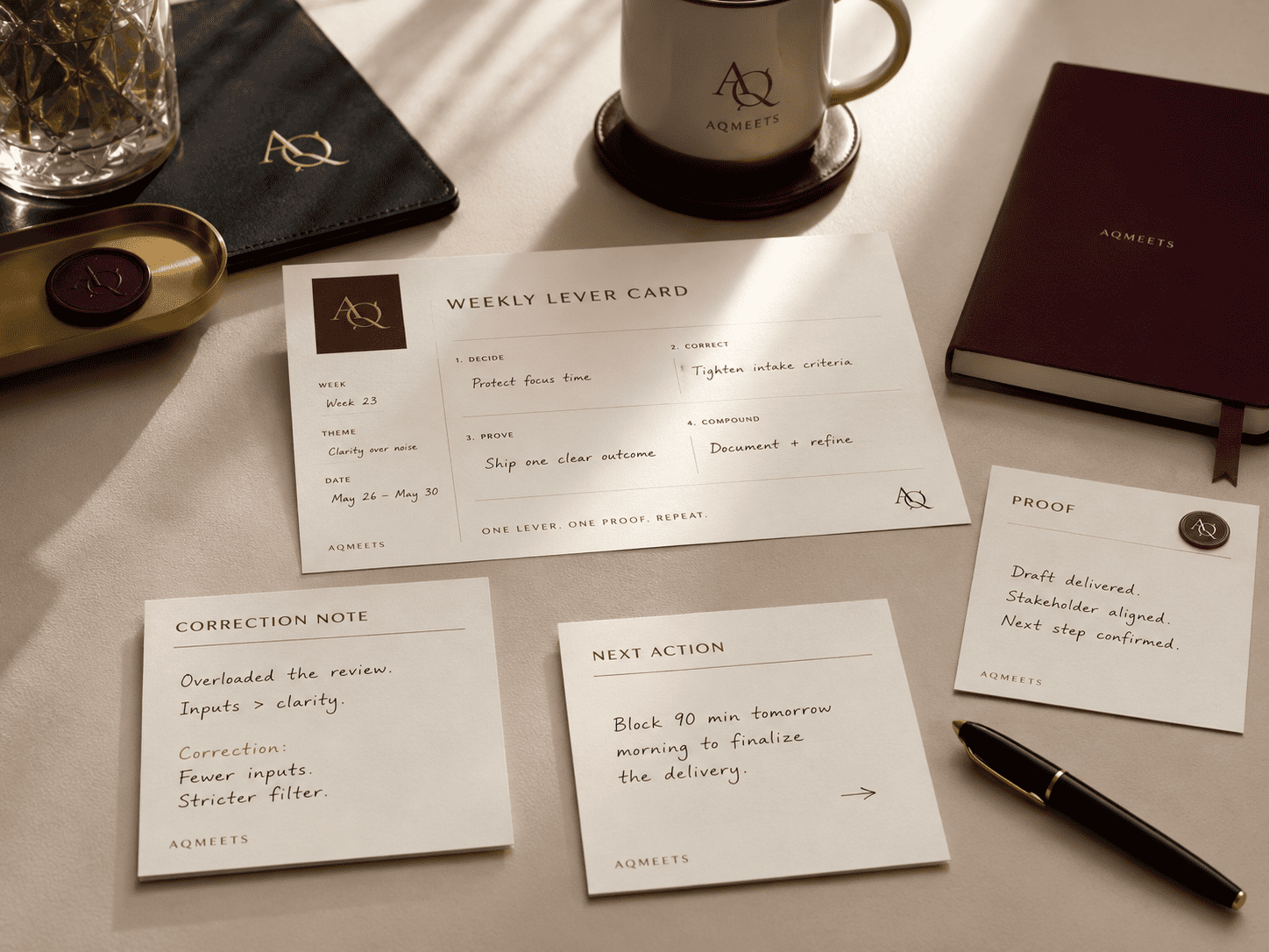 Calm post-review desk with weekly lever, proof marker, correction note and clear next action
