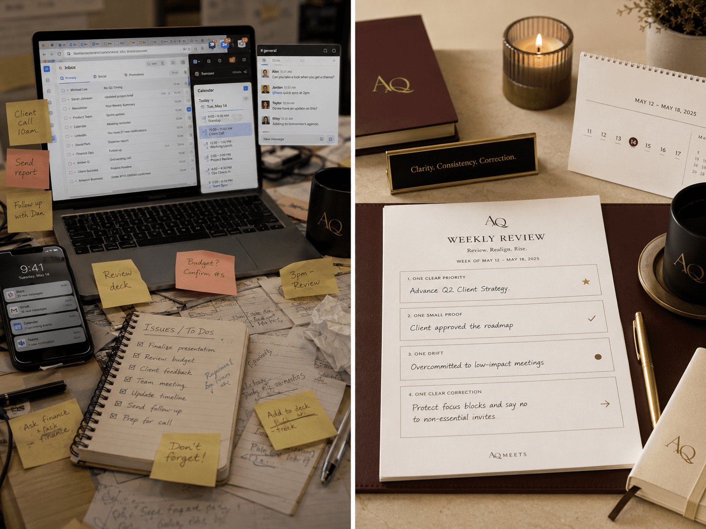 Crowded workweek contrasted with a clean reviewed week and correction marker