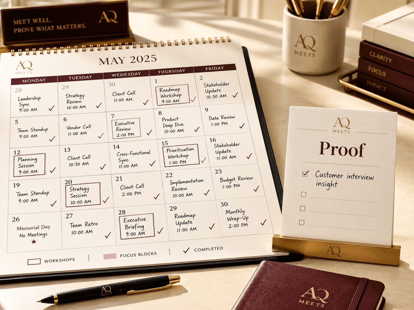 Full calendar beside a small proof card showing the mismatch between activity and meaningful evidence