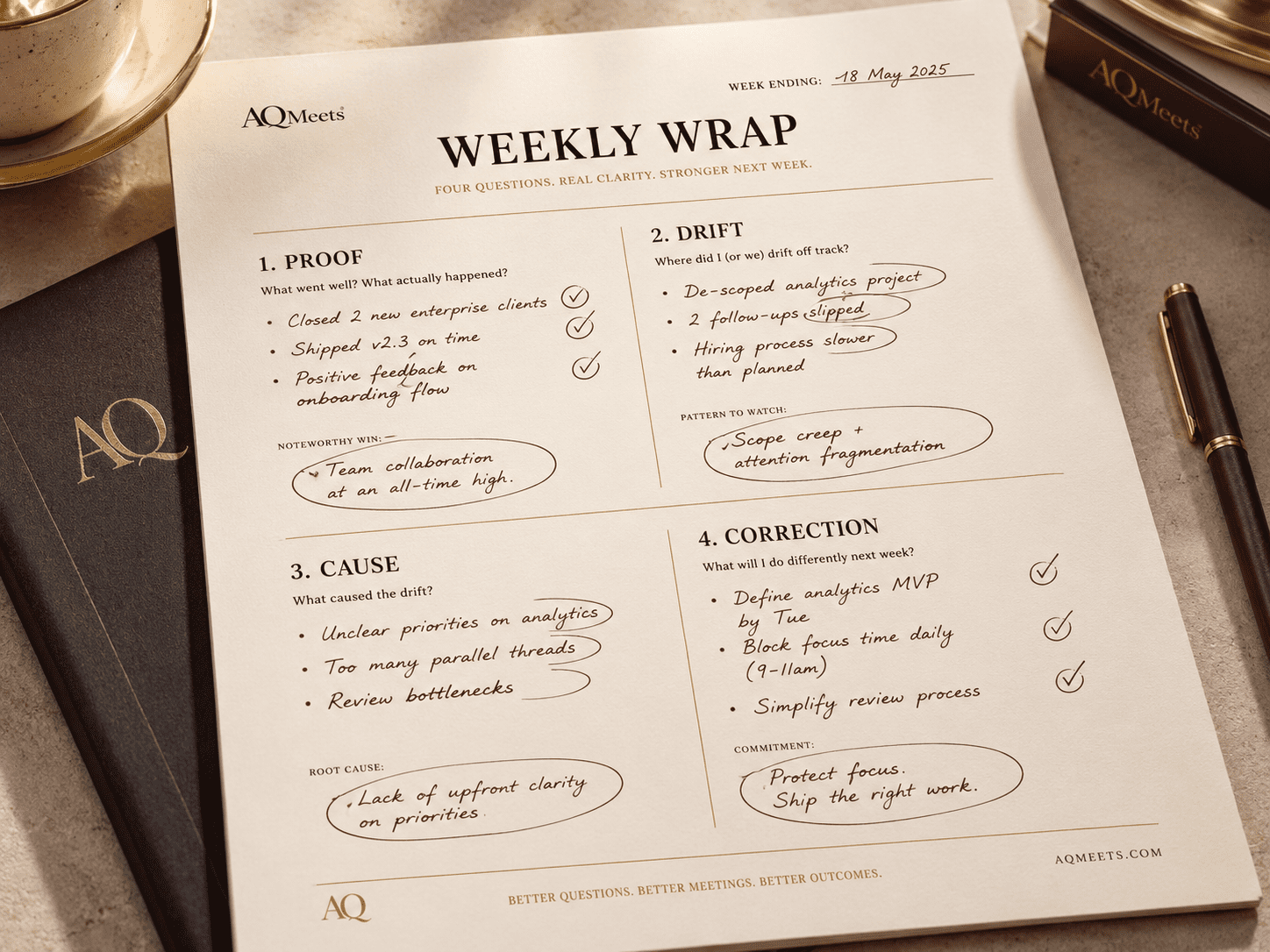 Weekly Wrap worksheet showing Proof, Drift, Cause and Correction