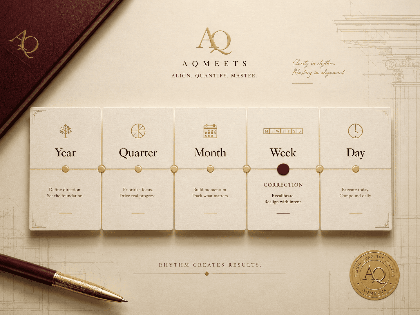 Connected Year, Quarter, Month, Week and Day cards with correction marker