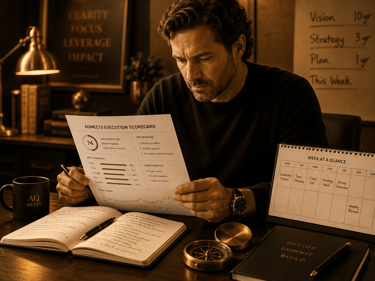 Premium warm-gold image of a serious founder/operator reviewing a weekly scorecard, calendar, notebook, and compass. Responsible and grounded, not...