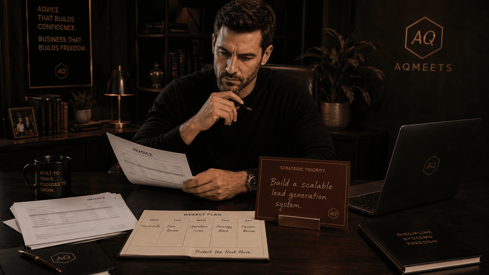Small business owner with invoices, calendar, and strategic priority card.