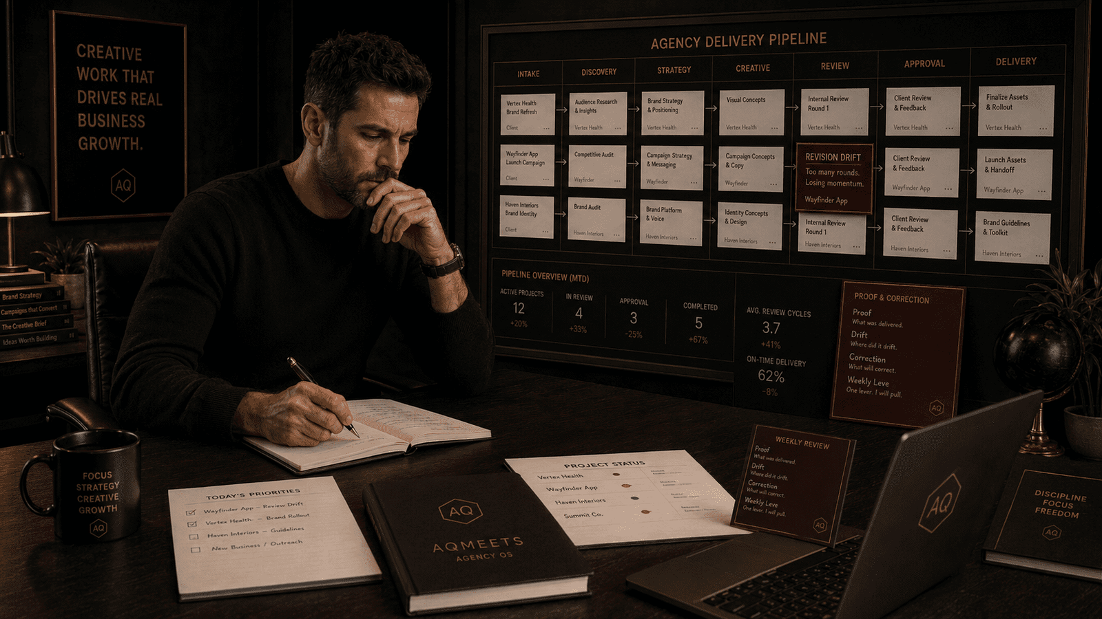 Creative agency scene with workflow board and proof/correction card.
