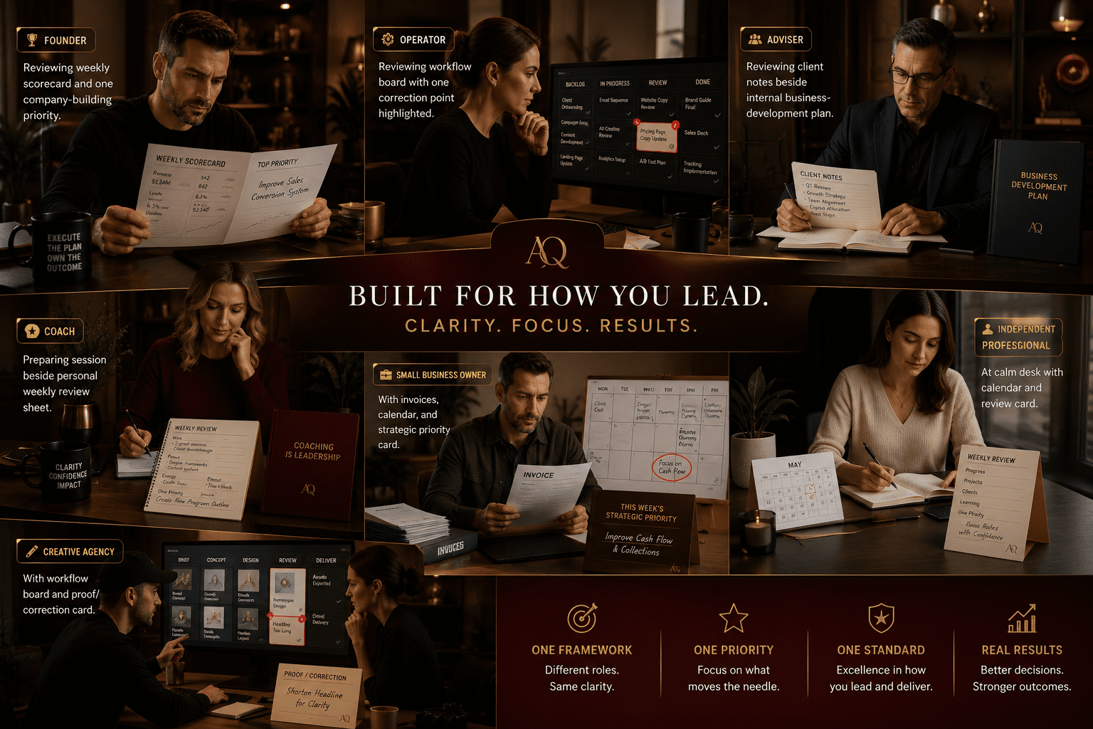 Premium role-based collage in warm-gold and burgundy visual style.