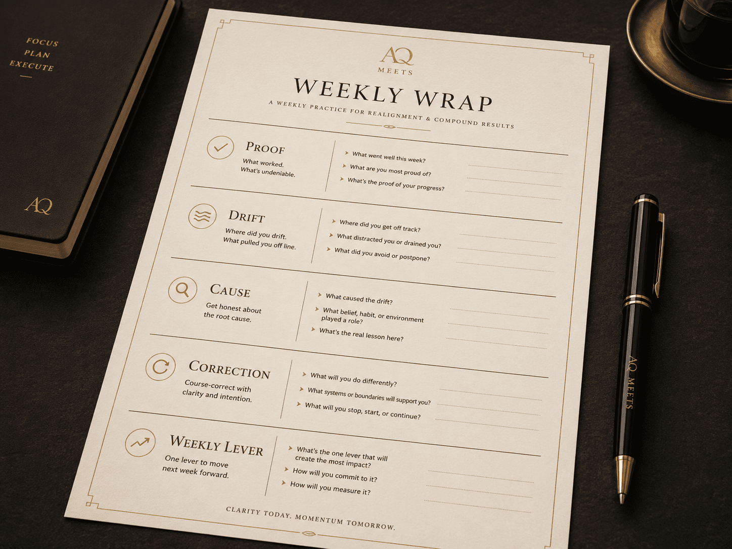 Close-up of a Weekly Wrap worksheet with fields: Proof, Drift, Cause, Correction, Weekly Lever. Premium worksheet mockup.
