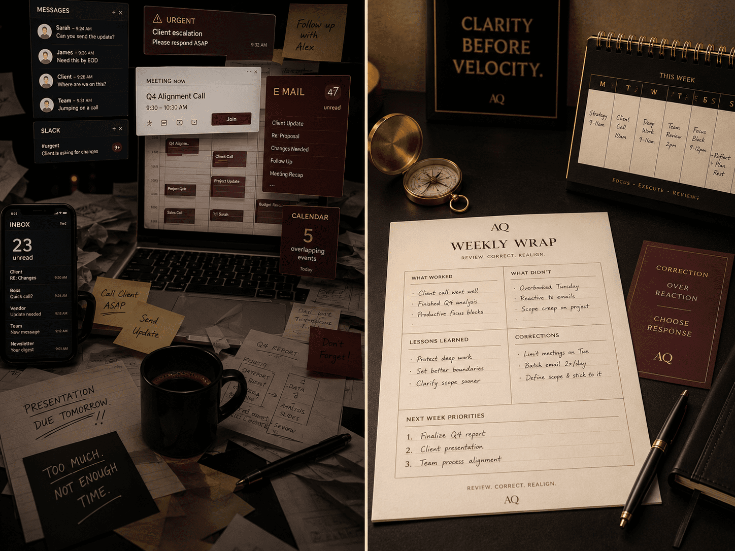 Contrast visual. One side: messages, meetings, client demands, alerts. Other side: calm weekly review desk with worksheet, compass, calendar, and...