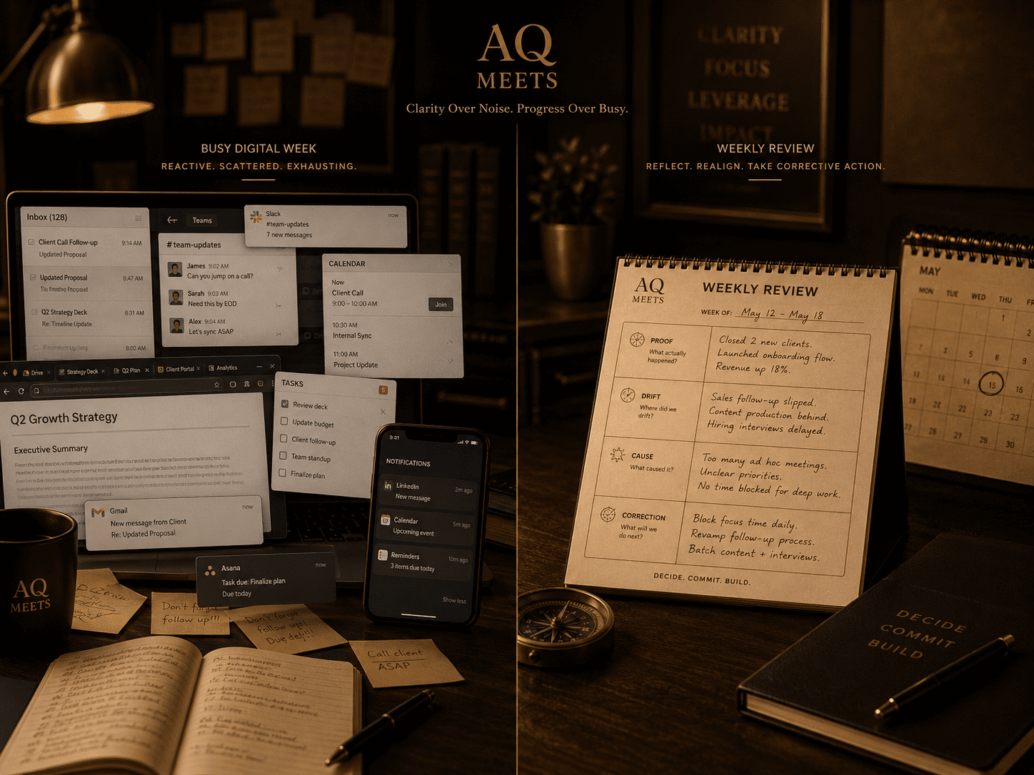 Split image. Left side: busy digital week with messages, tabs, calendar blocks, and tasks. Right side: clean weekly review page with Proof, Drift,...