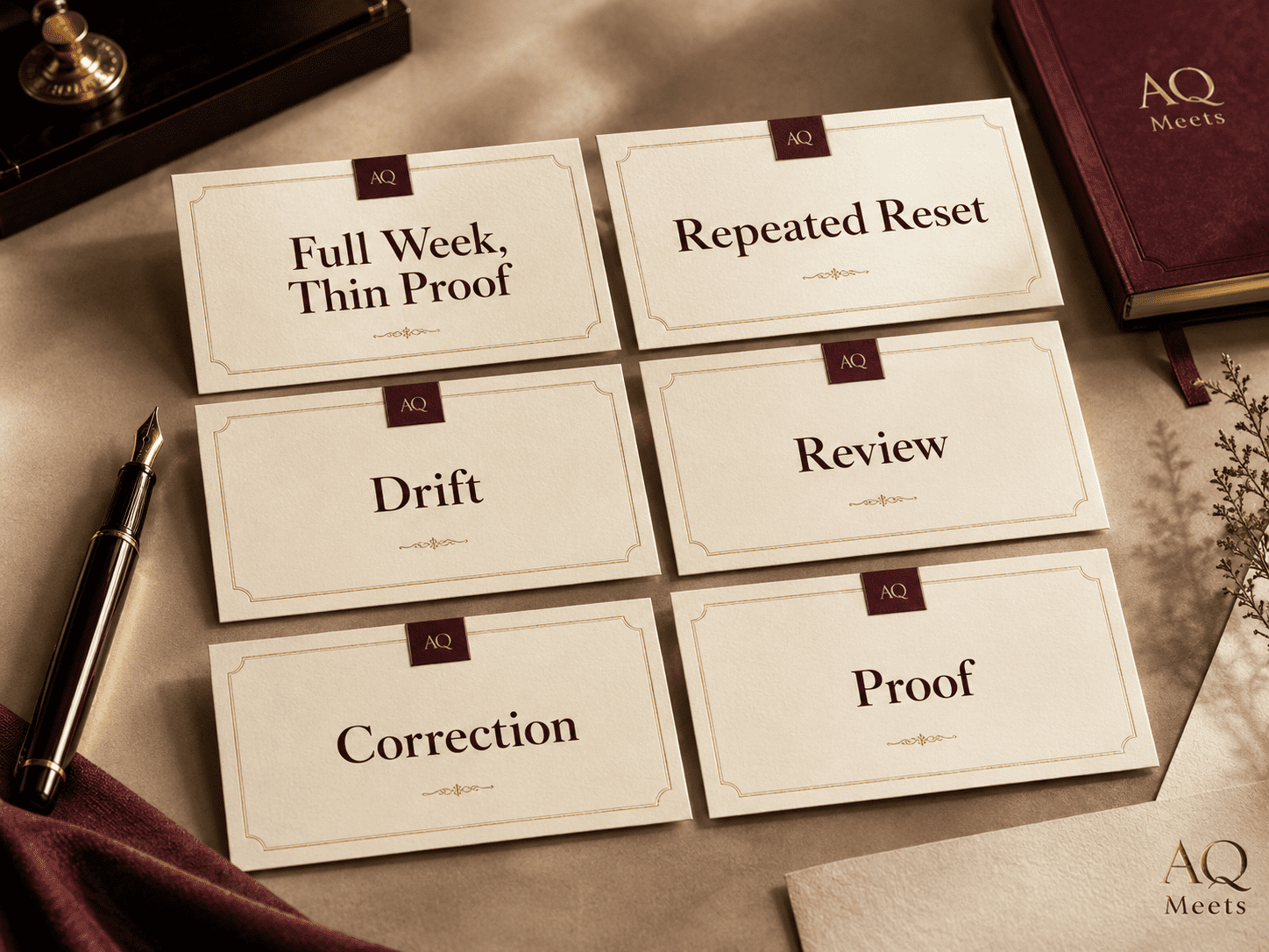 Premium recognition cards with phrases: Full Week, Thin Proof; Repeated Reset; Drift; Review; Correction; Proof. Cream cards, gold edges, burgundy...
