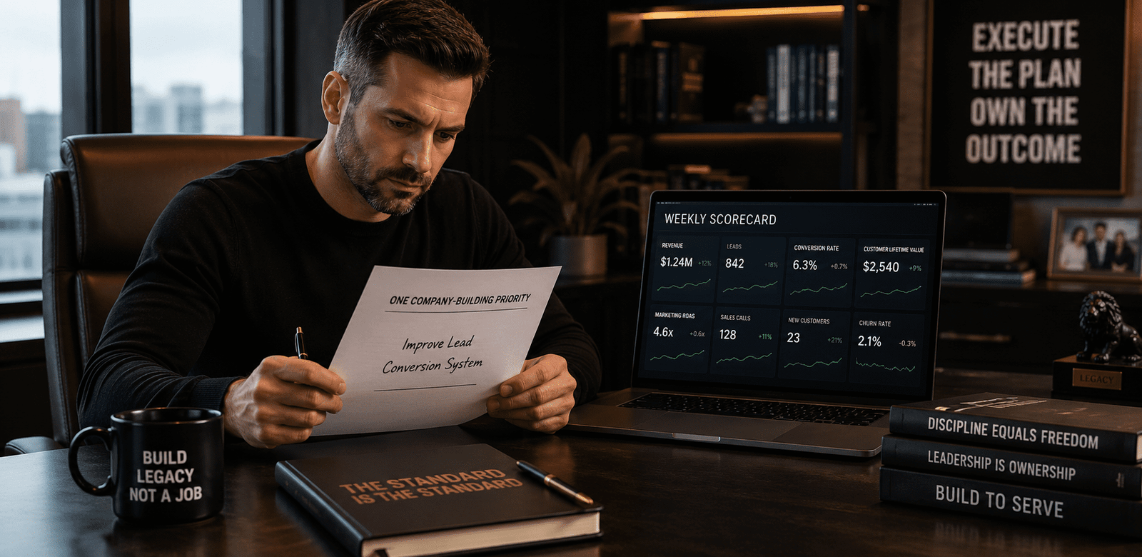 Founder reviewing weekly scorecard and one company-building priority.