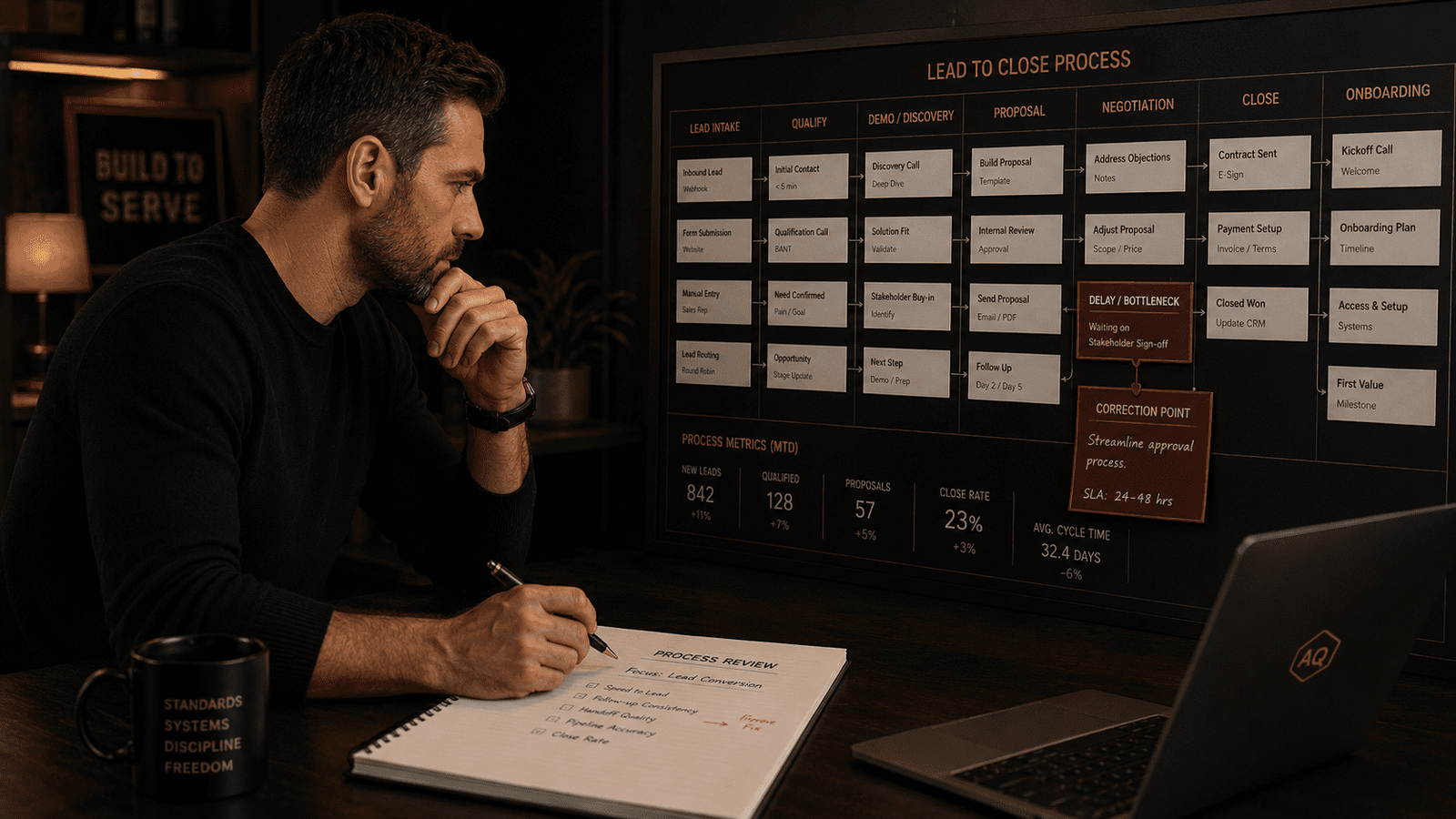 Operator reviewing workflow board with one correction point highlighted.