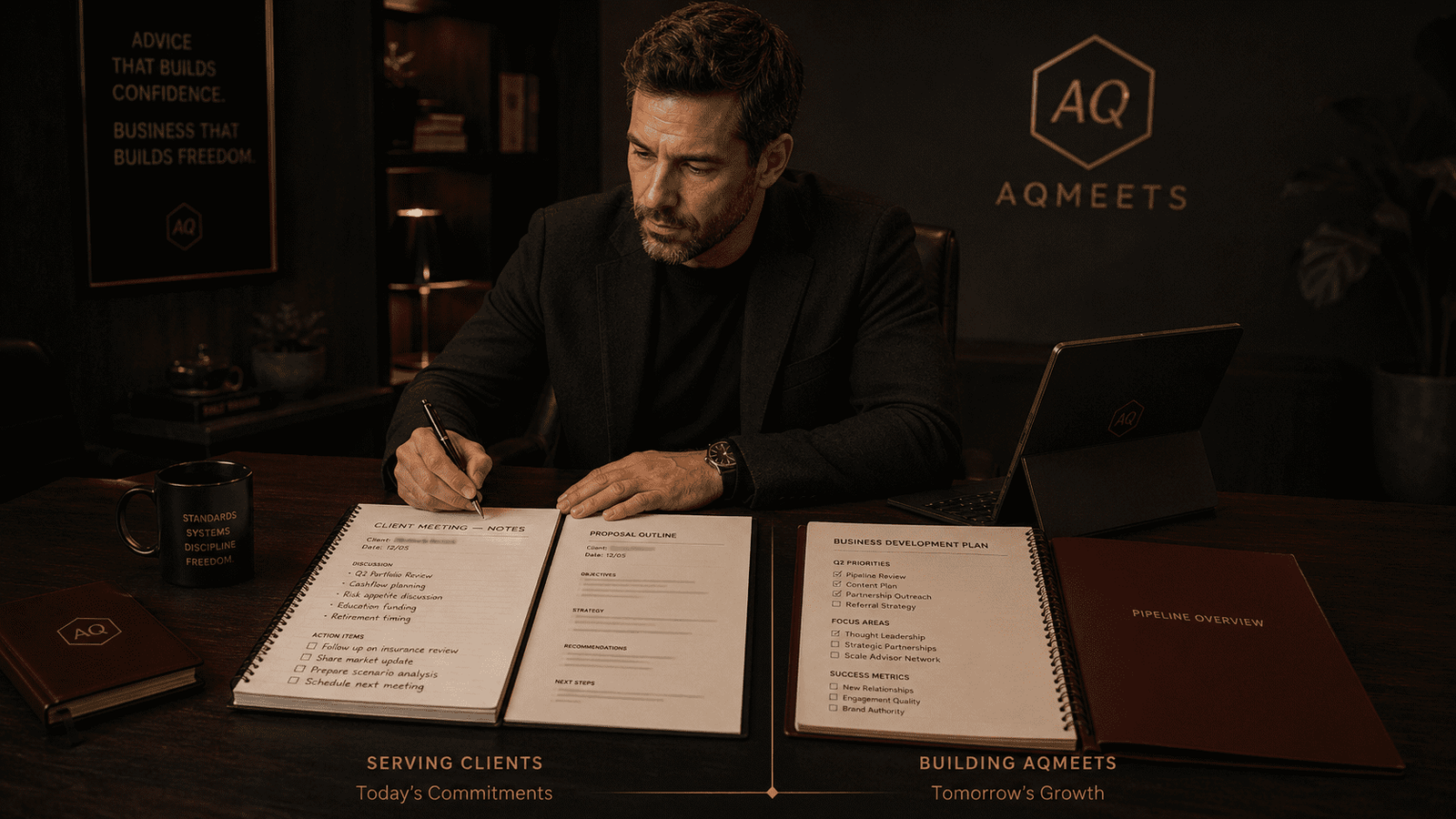 Adviser reviewing client notes beside internal business-development plan.