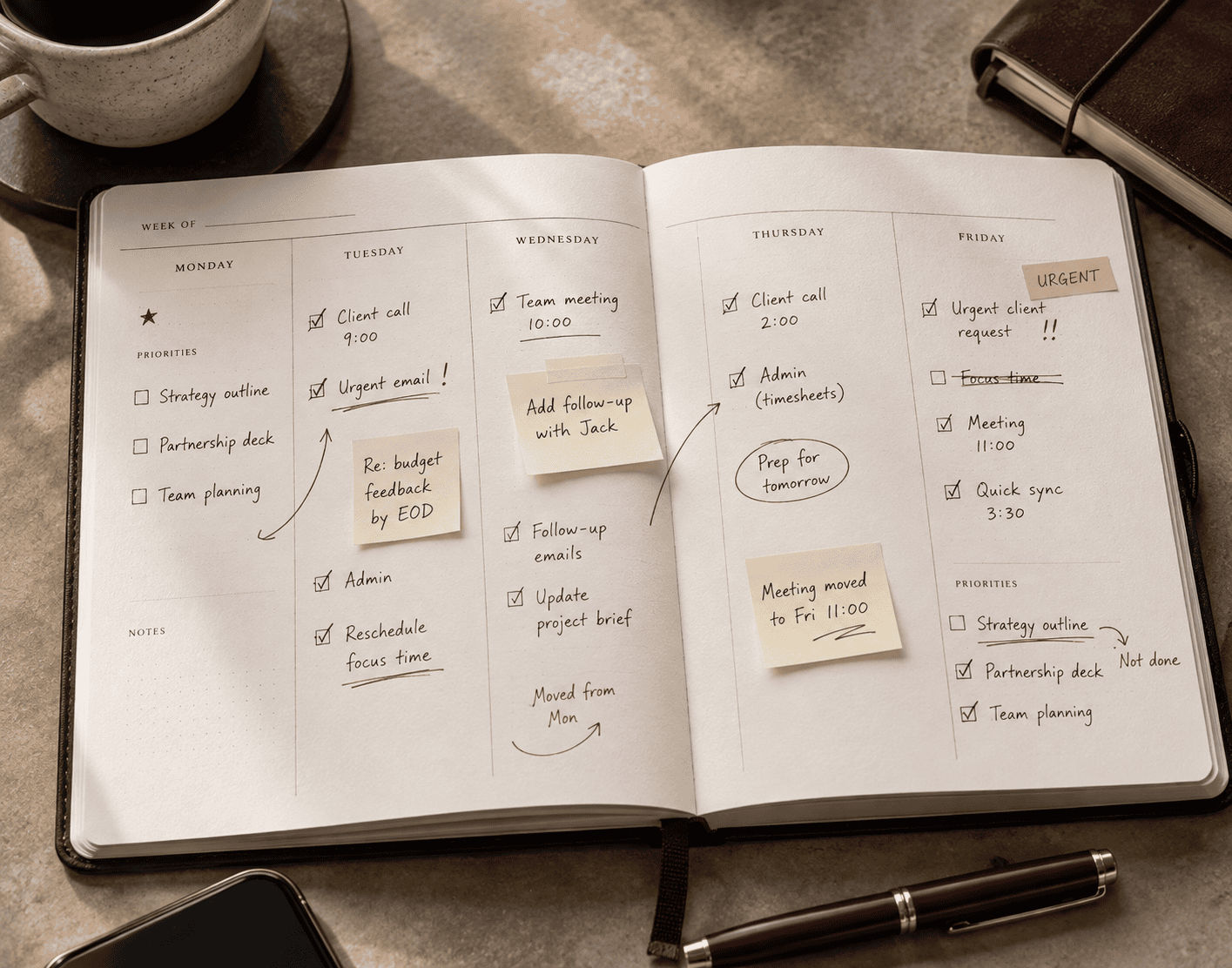 Business owner weekly planner showing strategic priorities crowded out by client work, staff questions and urgent tasks