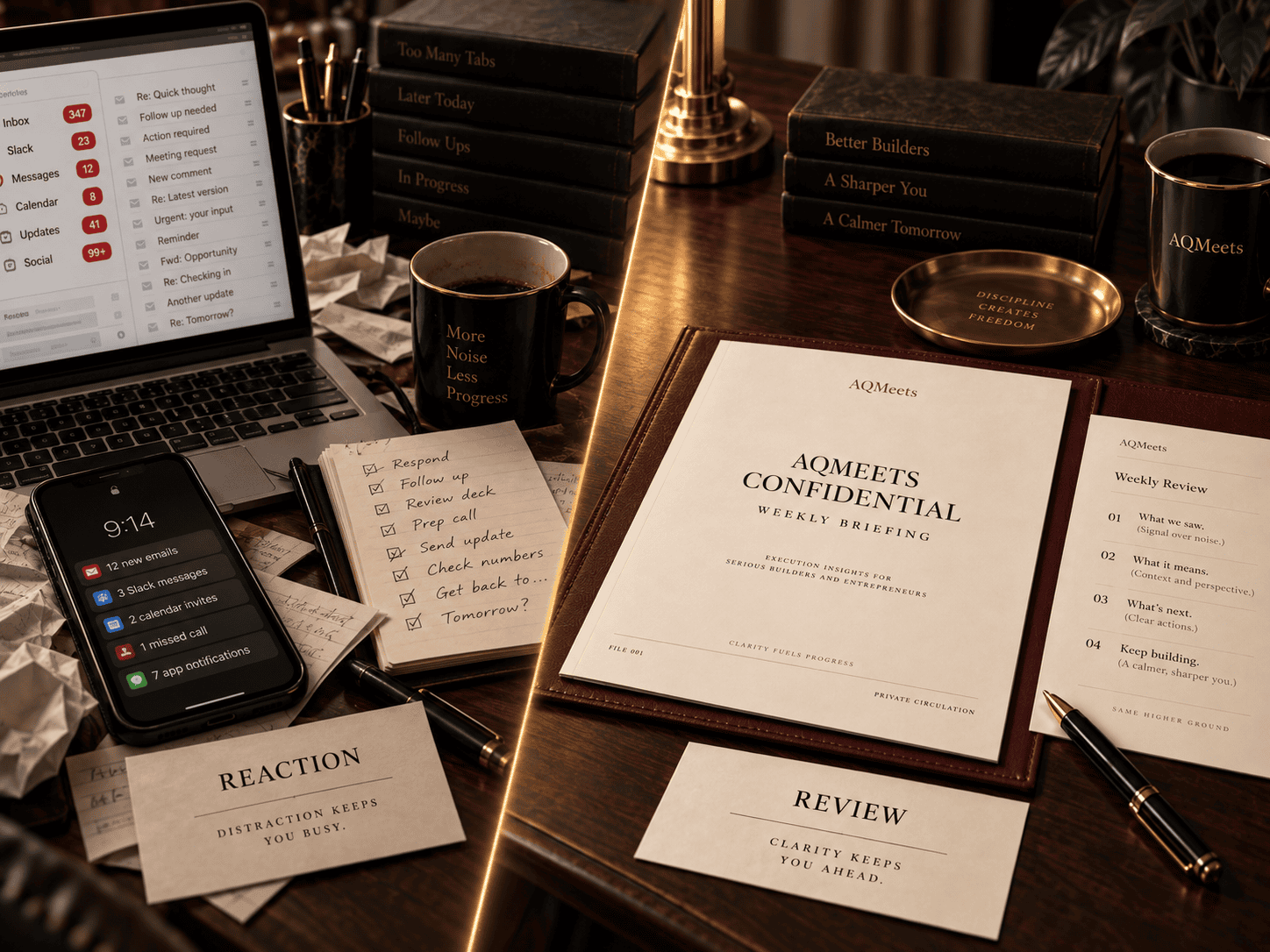 AQMeets Confidential transition from reactive digital noise to calm weekly review