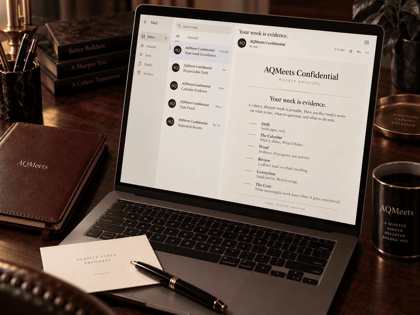 AQMeets Confidential email inbox with Your week is evidence briefing open