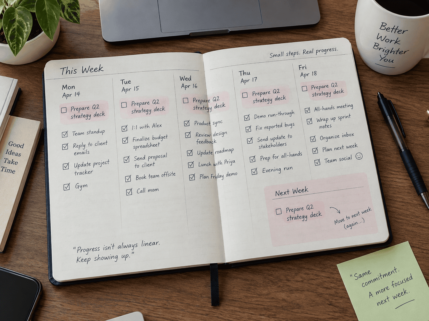 Weekly planner showing one important commitment carried forward across the week while smaller tasks are completed