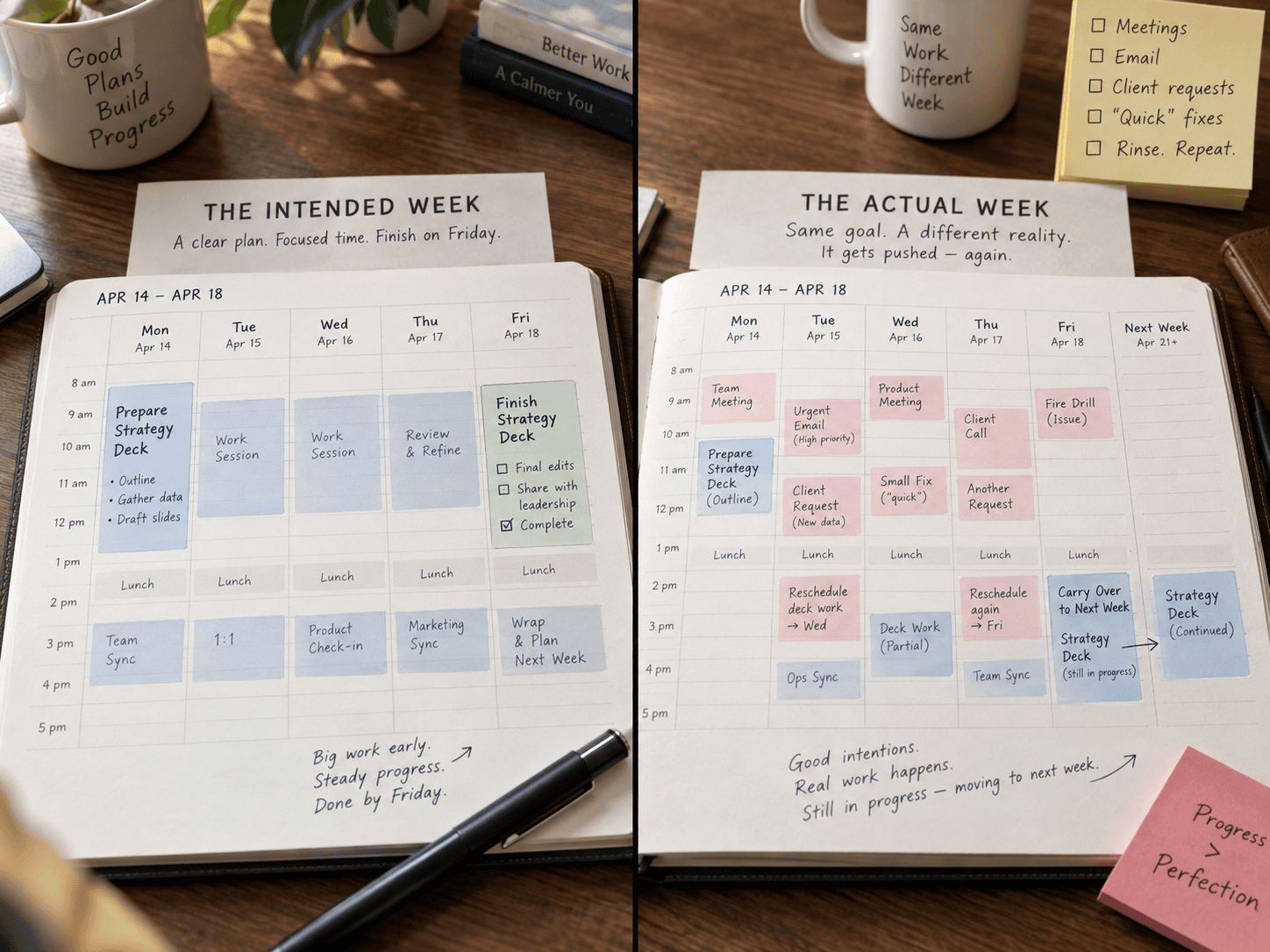 Split weekly planner comparing the intended week with the actual week as meetings, urgent work and client requests push an important commitment into next week