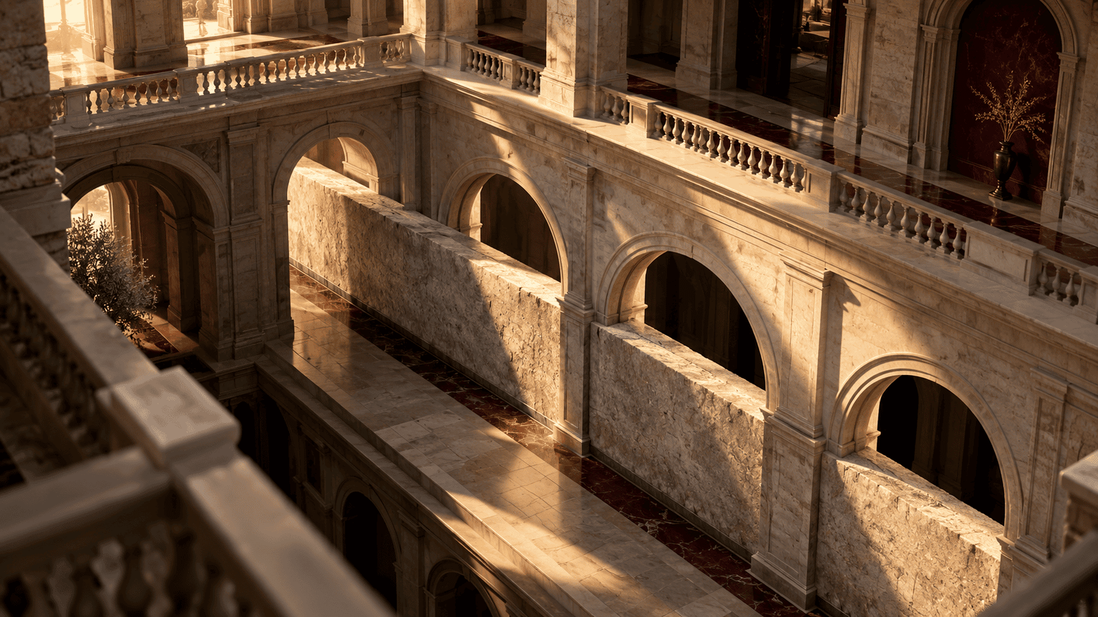 Repeated classical passageways blocked by one shared wall, seen from a wider viewpoint.