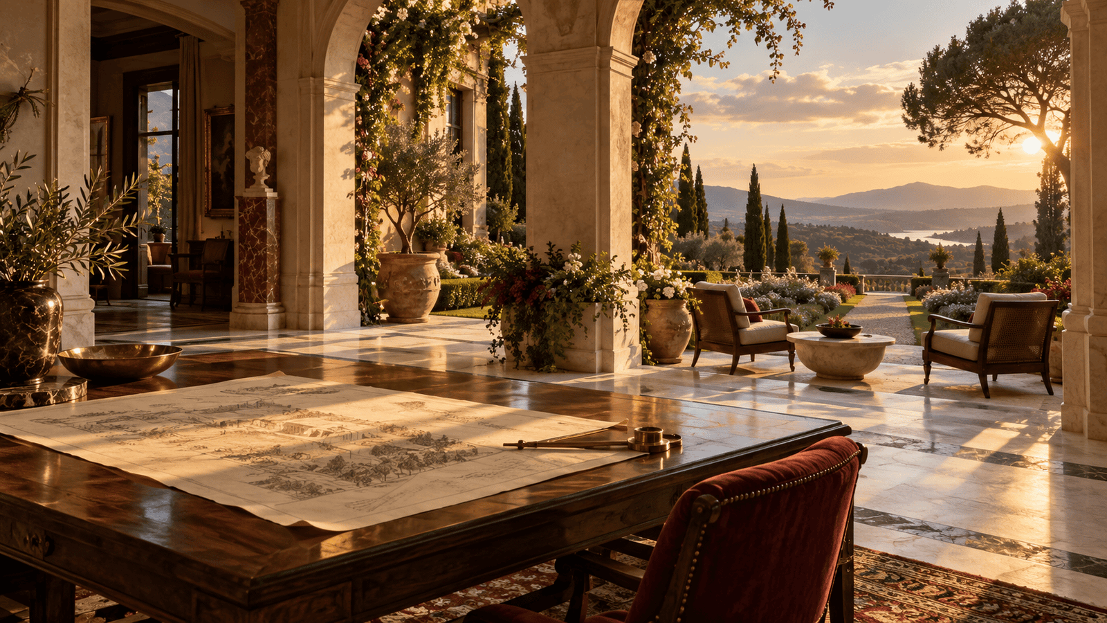 A workspace opening onto a cultivated garden and distant horizon.