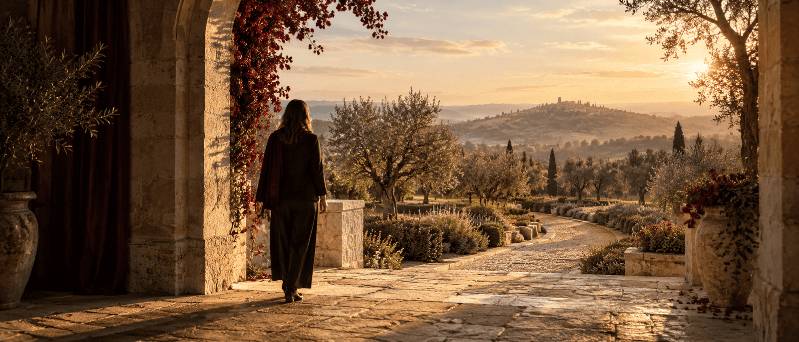 A person pausing at a stone threshold before a path through a garden.