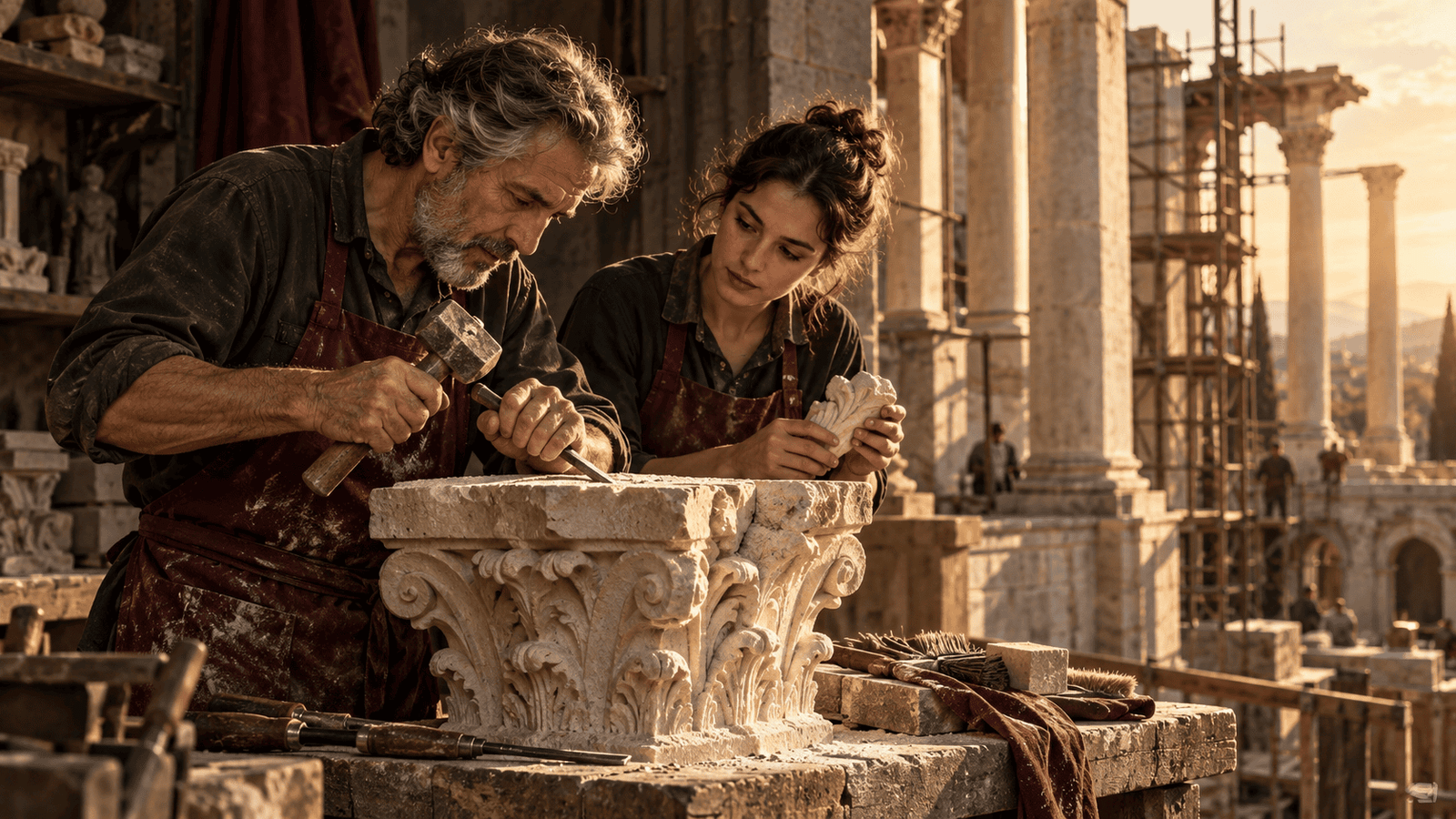 An experienced stone craftsperson working with a younger collaborator on a classical architectural carving.