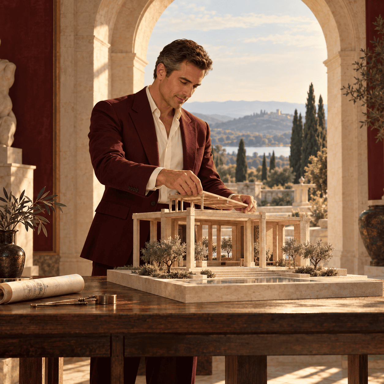 A man carefully building an architectural model in a sunlit classical atelier
